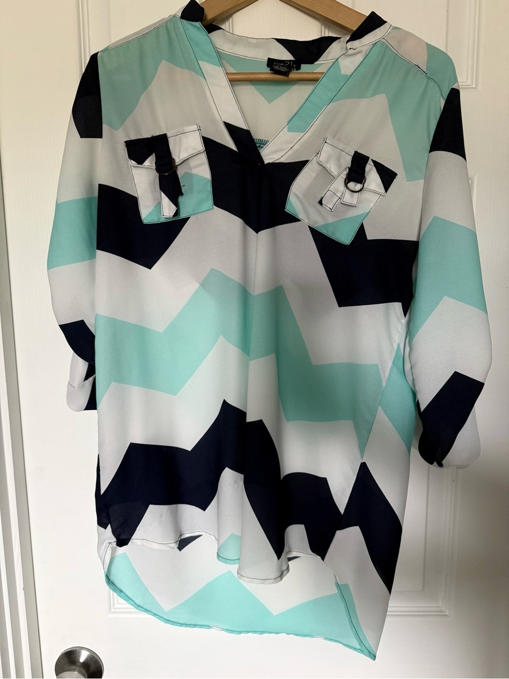 Rue21 Chevron V-Neck Chiffon Blouse in Mint, White, & Navy